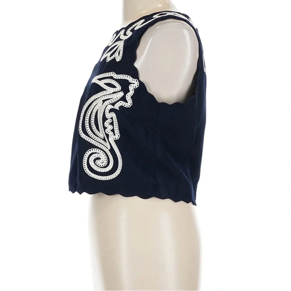 NWT Avec Les Filles Seahorse Embroidery Sleeveless Shell Navy & White Set M/6 - Picture 6 of 12